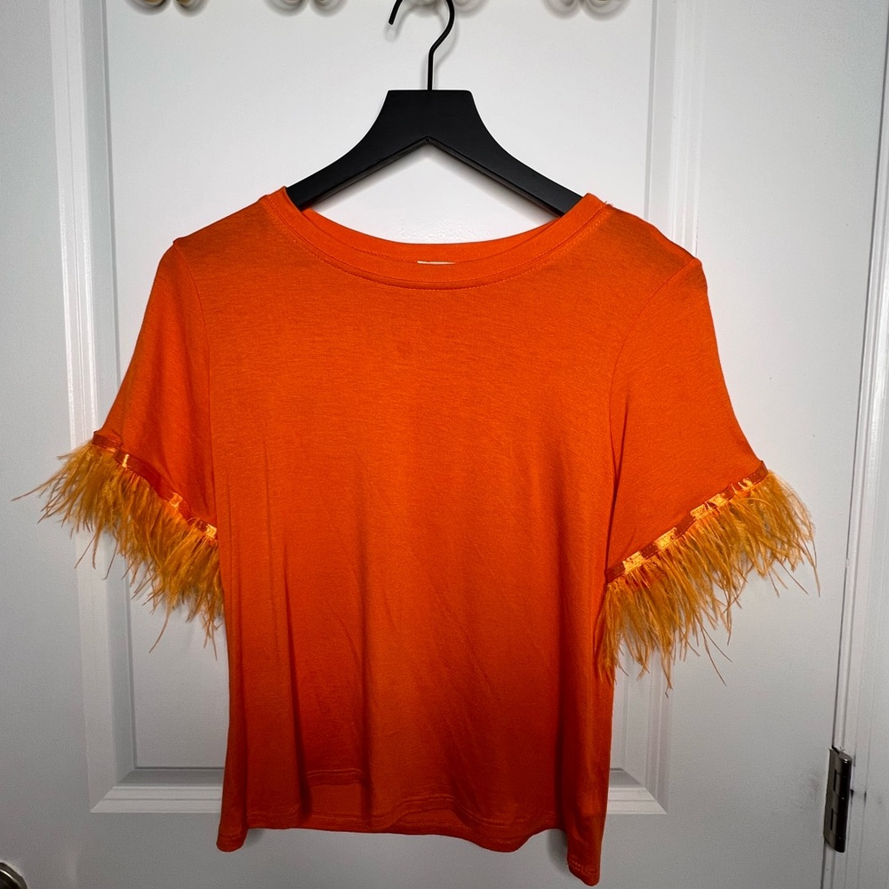 Super soft t shirt with feather trim